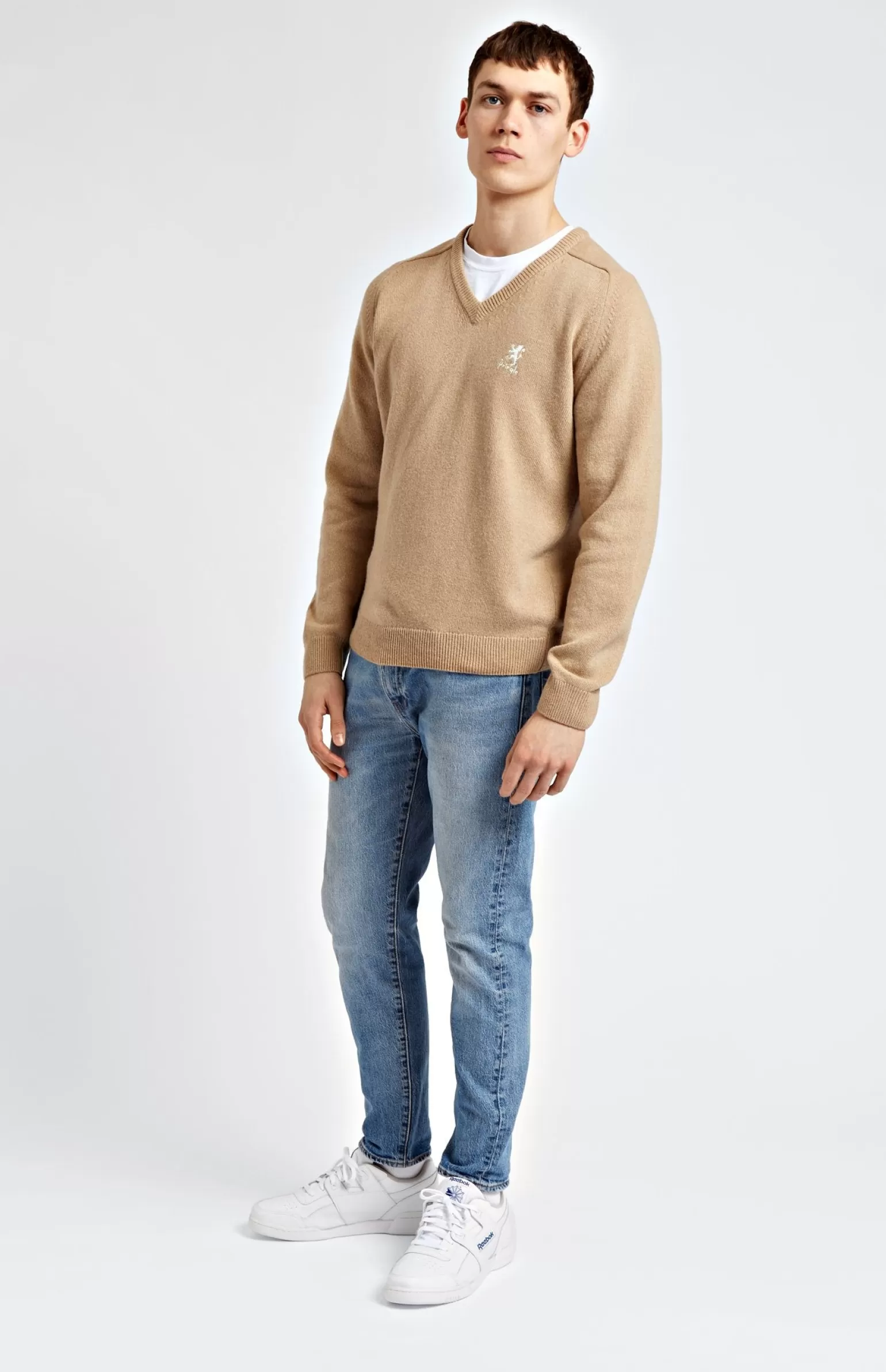 Pringle of Scotland Archive Men's V Neck Lambswool Blend Jumper In Camel