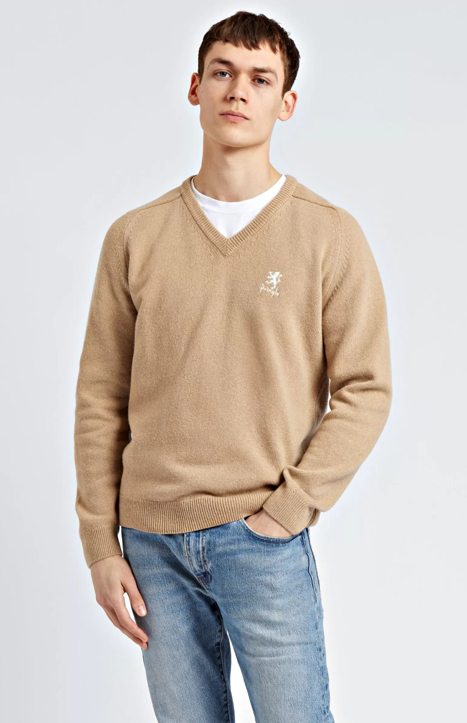 Pringle of Scotland Archive Men's V Neck Lambswool Blend Jumper In Camel