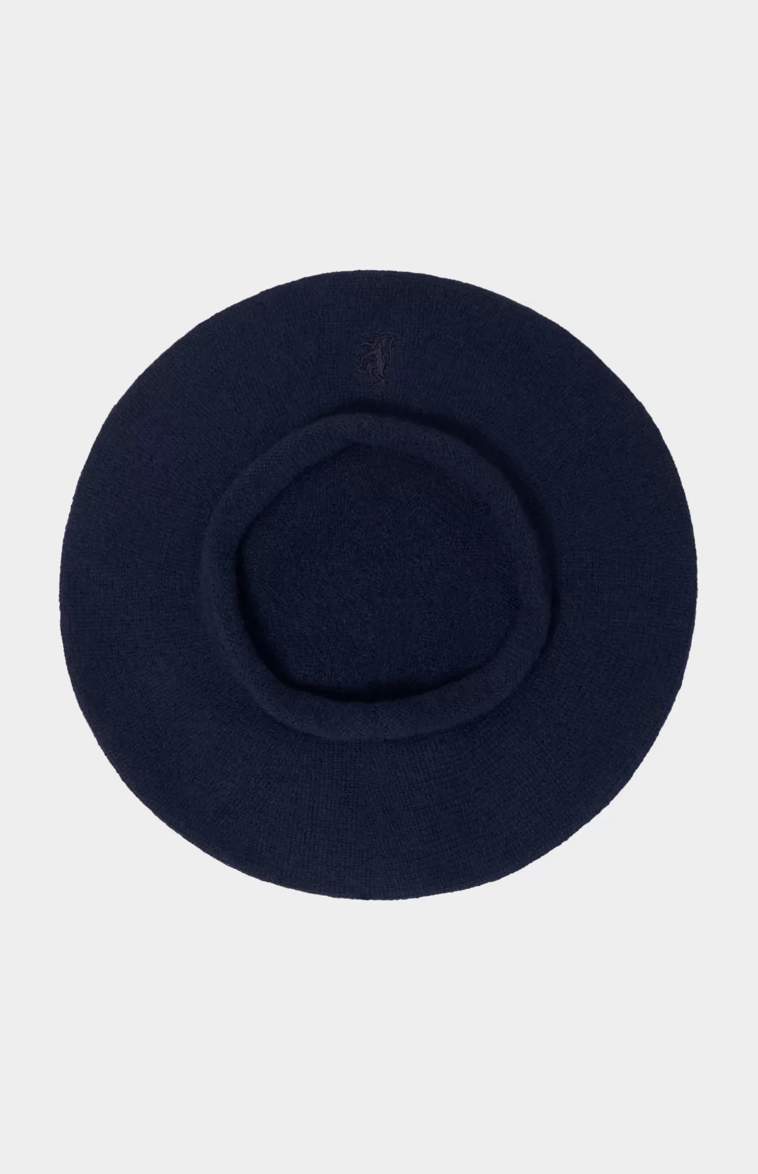 Women Pringle of Scotland Cashmere Beret In Navy Melange With Lion Embroidery