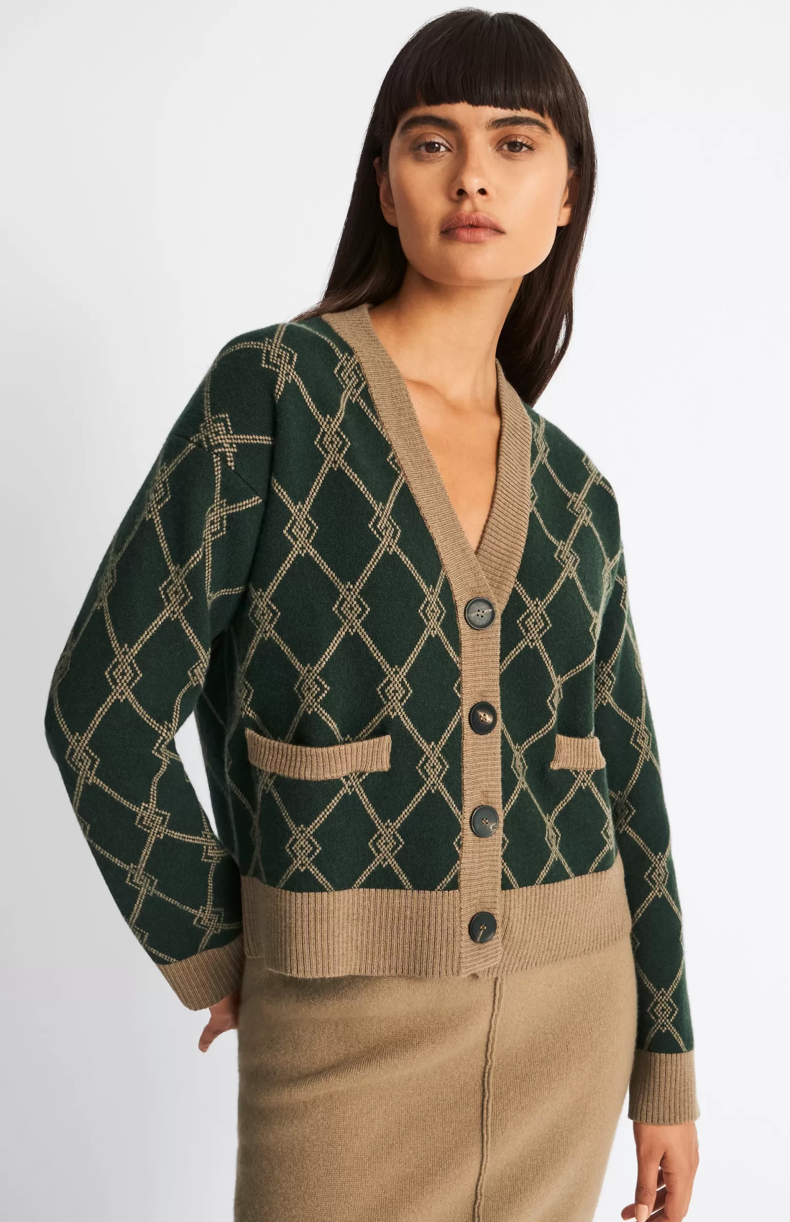 Women Pringle of Scotland Cashmere Blend Monogram Cardigan In Moss Green / Camel