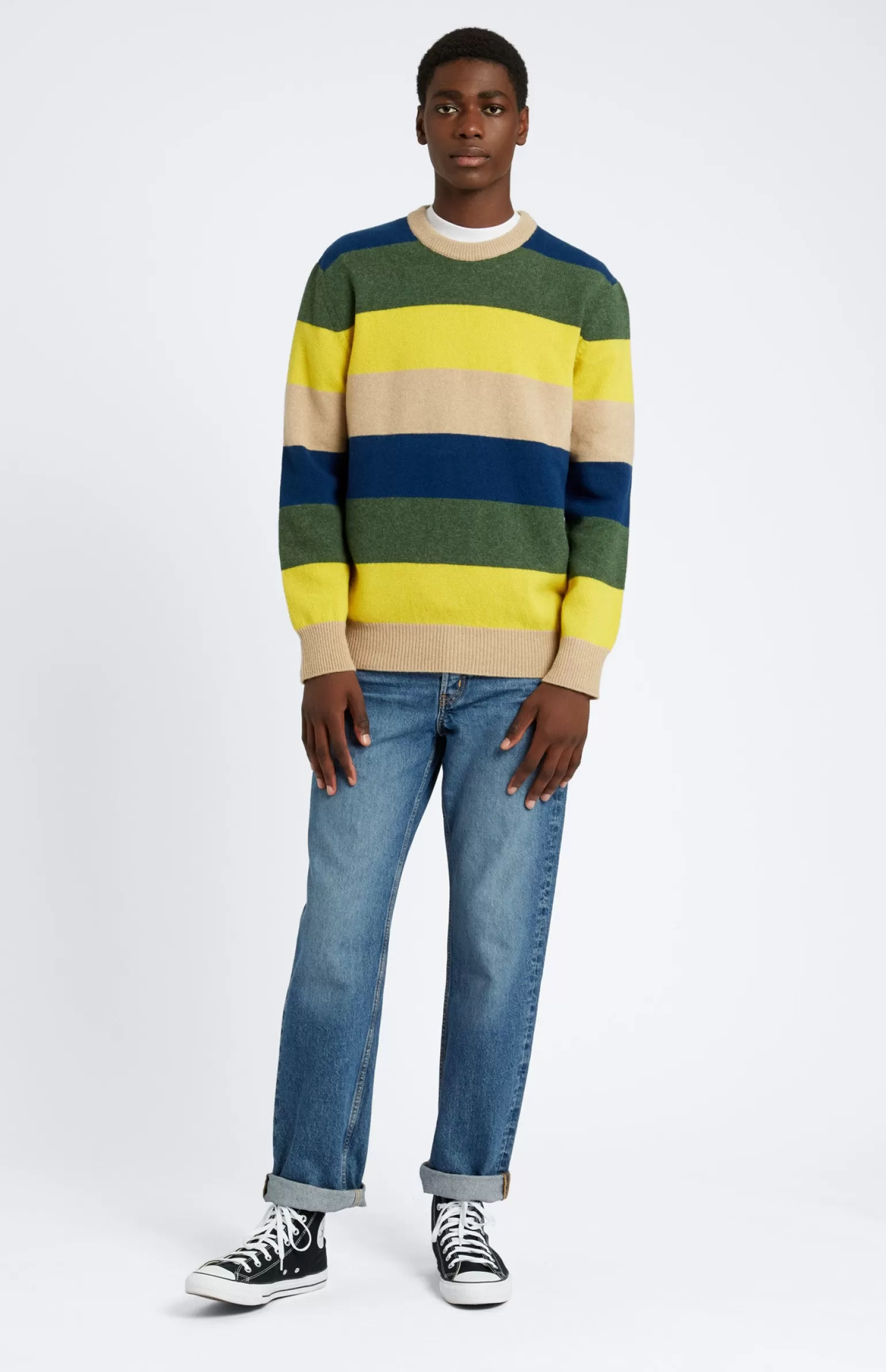 Pringle of Scotland Men's Round Neck Lambswool Jumper In Yellow / Sand Stripe