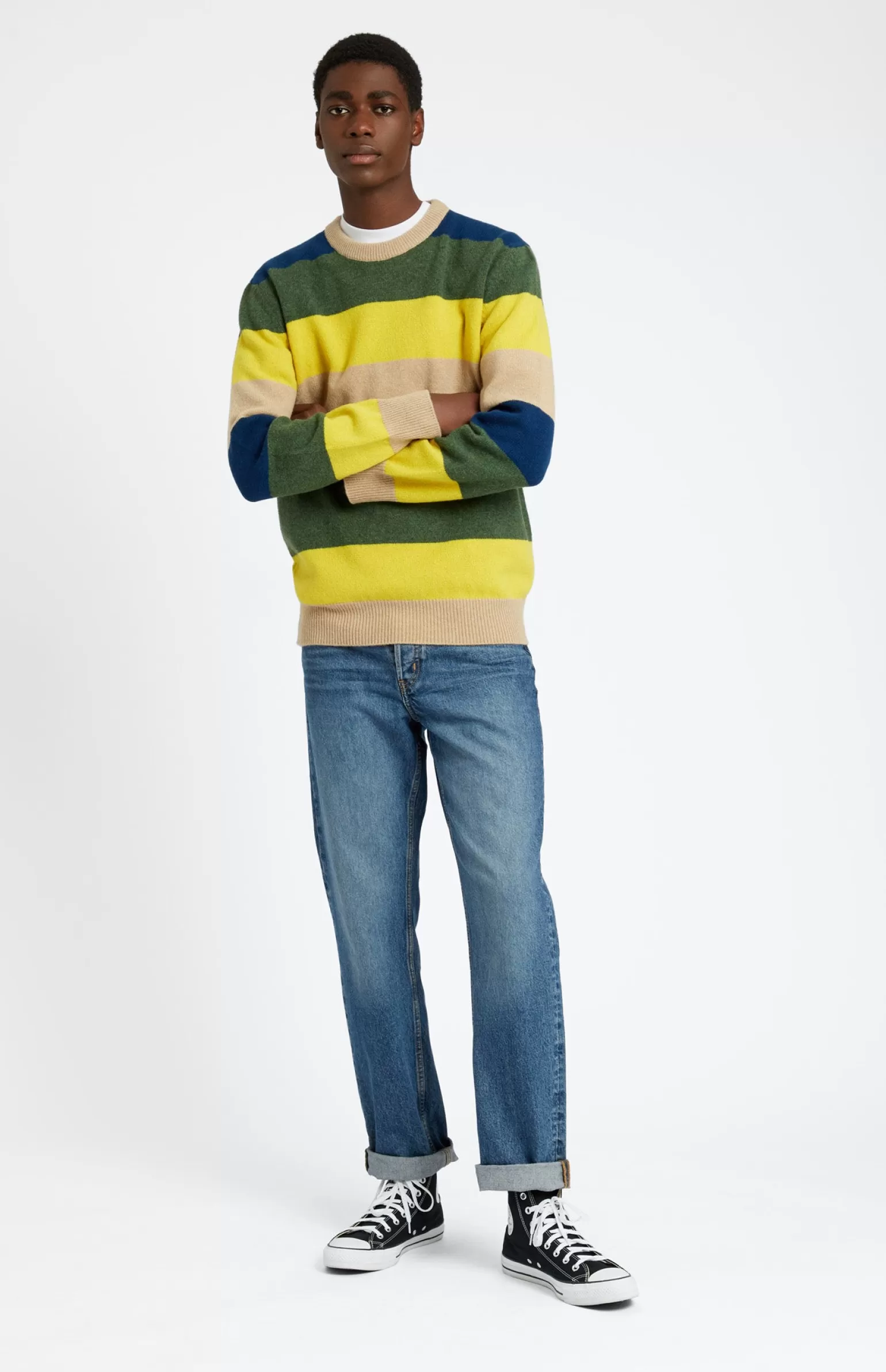 Pringle of Scotland Men's Round Neck Lambswool Jumper In Yellow / Sand Stripe