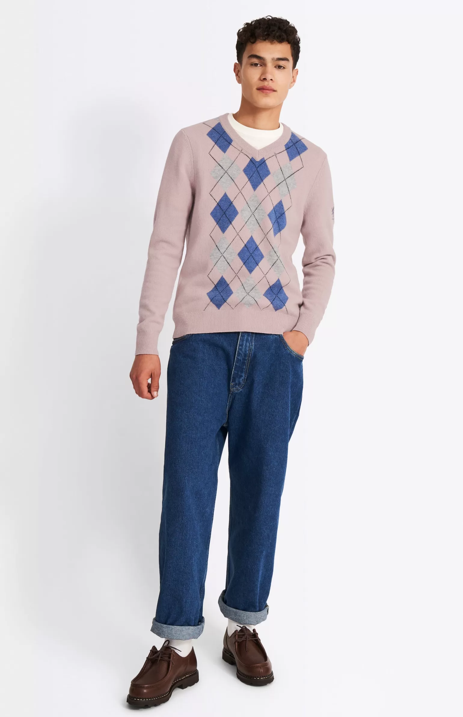 Pringle of Scotland Men's V Neck Lambswool Argyle Jumper In Dusty Pink/Grey/Indigo