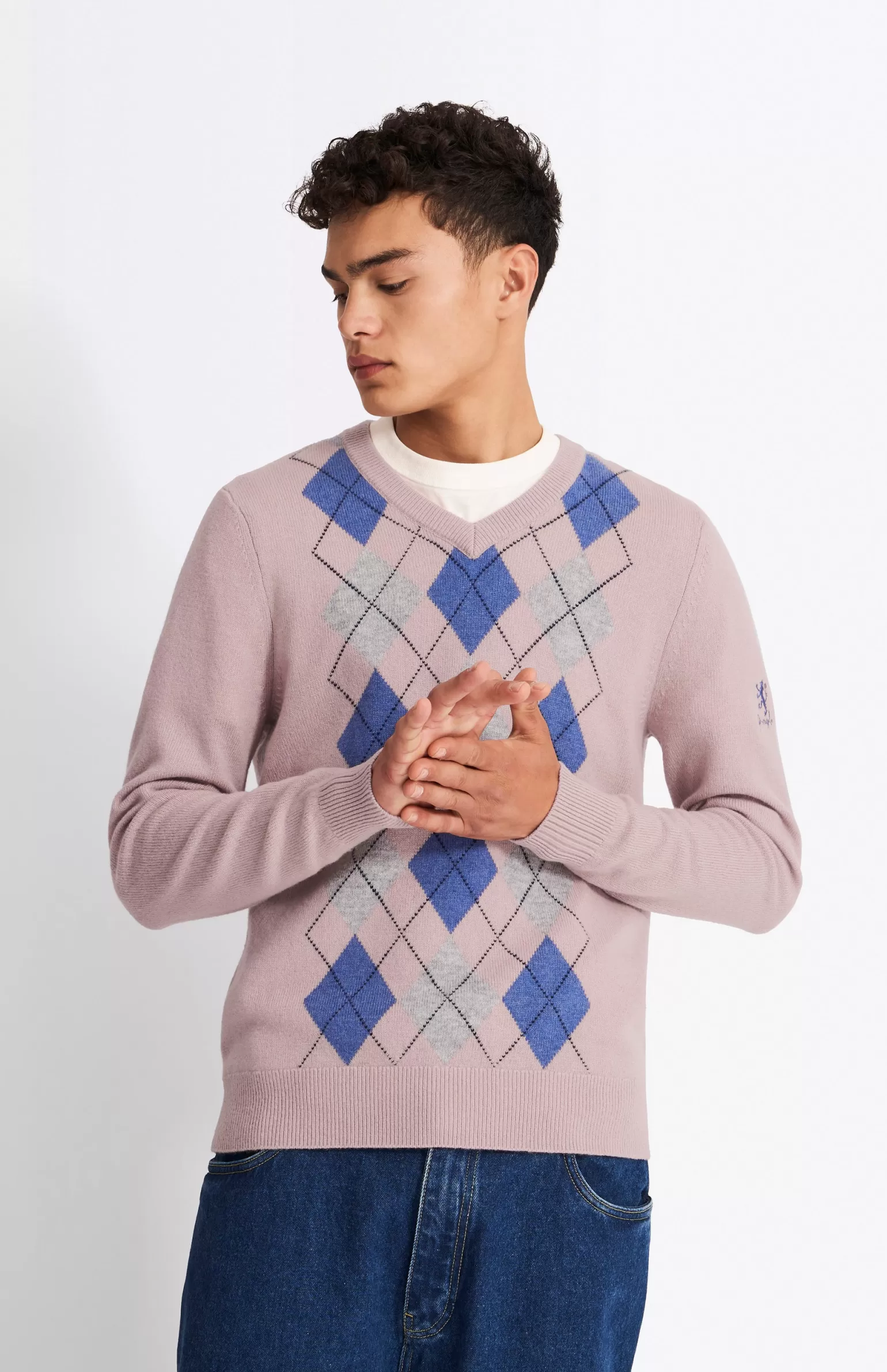 Pringle of Scotland Men's V Neck Lambswool Argyle Jumper In Dusty Pink/Grey/Indigo