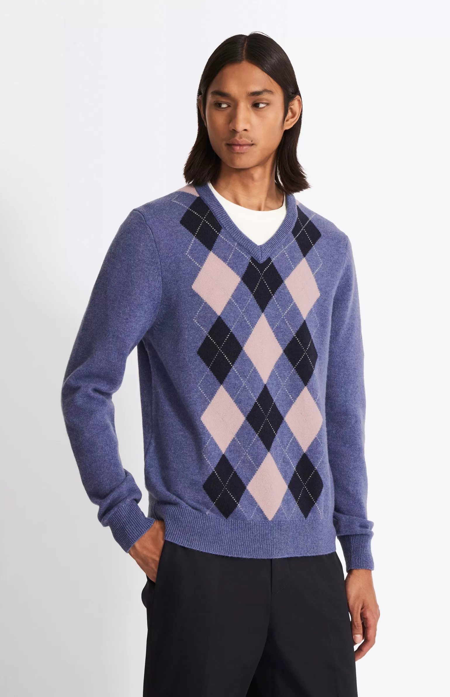 Pringle of Scotland Men's V Neck Lambswool Argyle Jumper In Indigo/pink/midnight