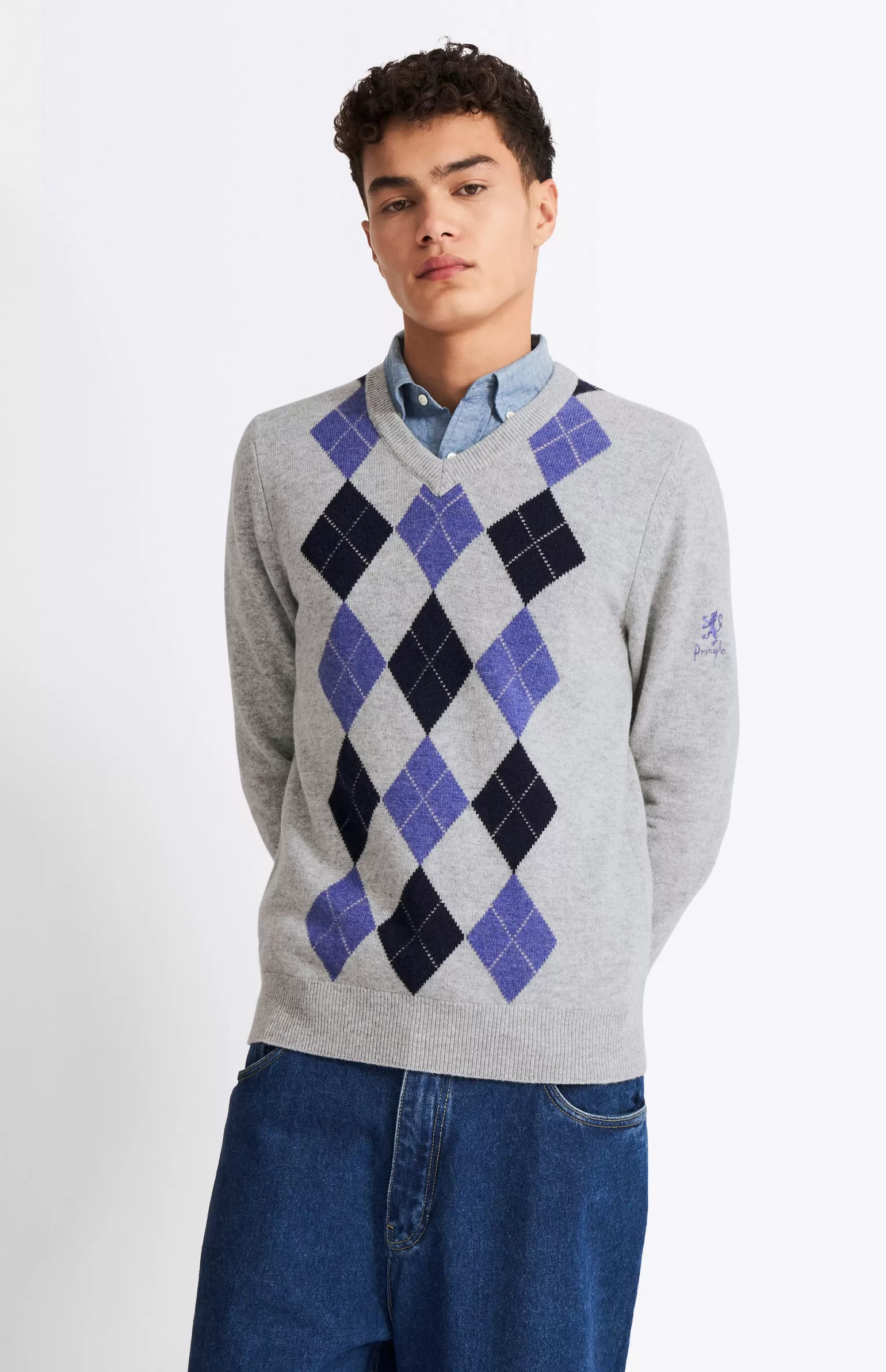 Pringle of Scotland Men's V Neck Lambswool Argyle Jumper In Lt Grey/midnight/indigo