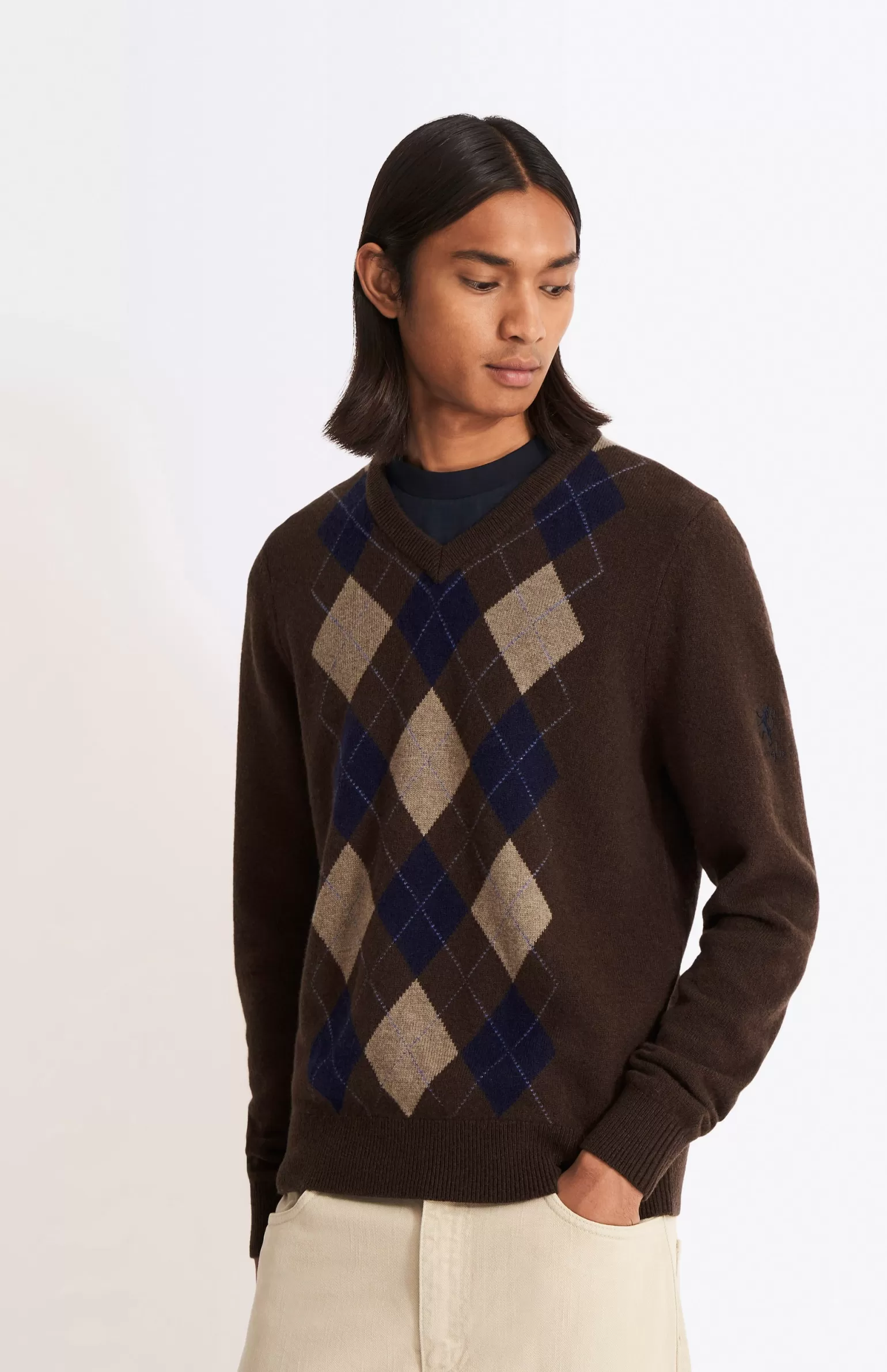 Pringle of Scotland Men's V Neck Lambswool Argyle Jumper In Umber/natural/midnight