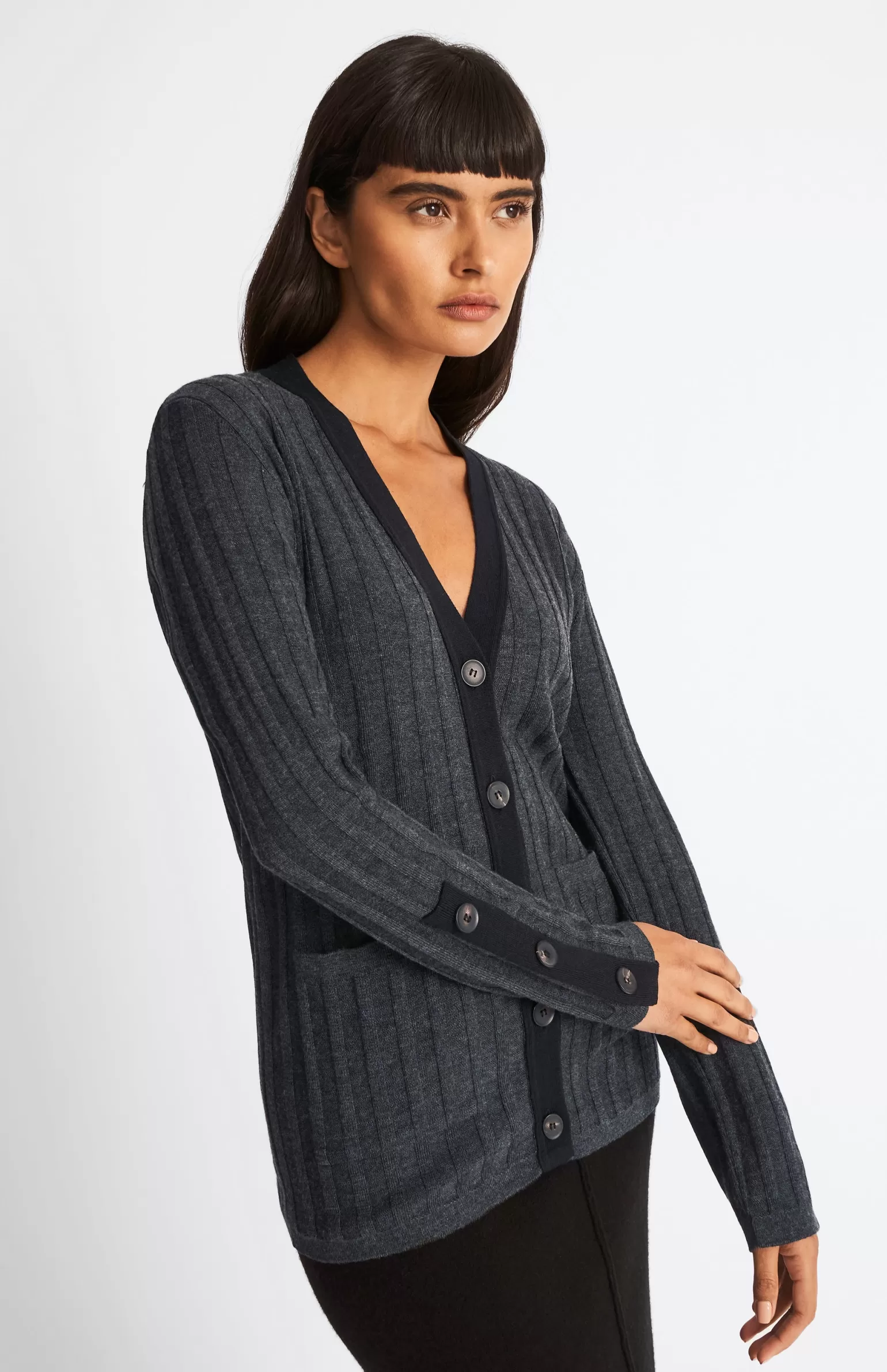 Women Pringle of Scotland Merino Silk Ribbed Cardigan In Charcoal / Black