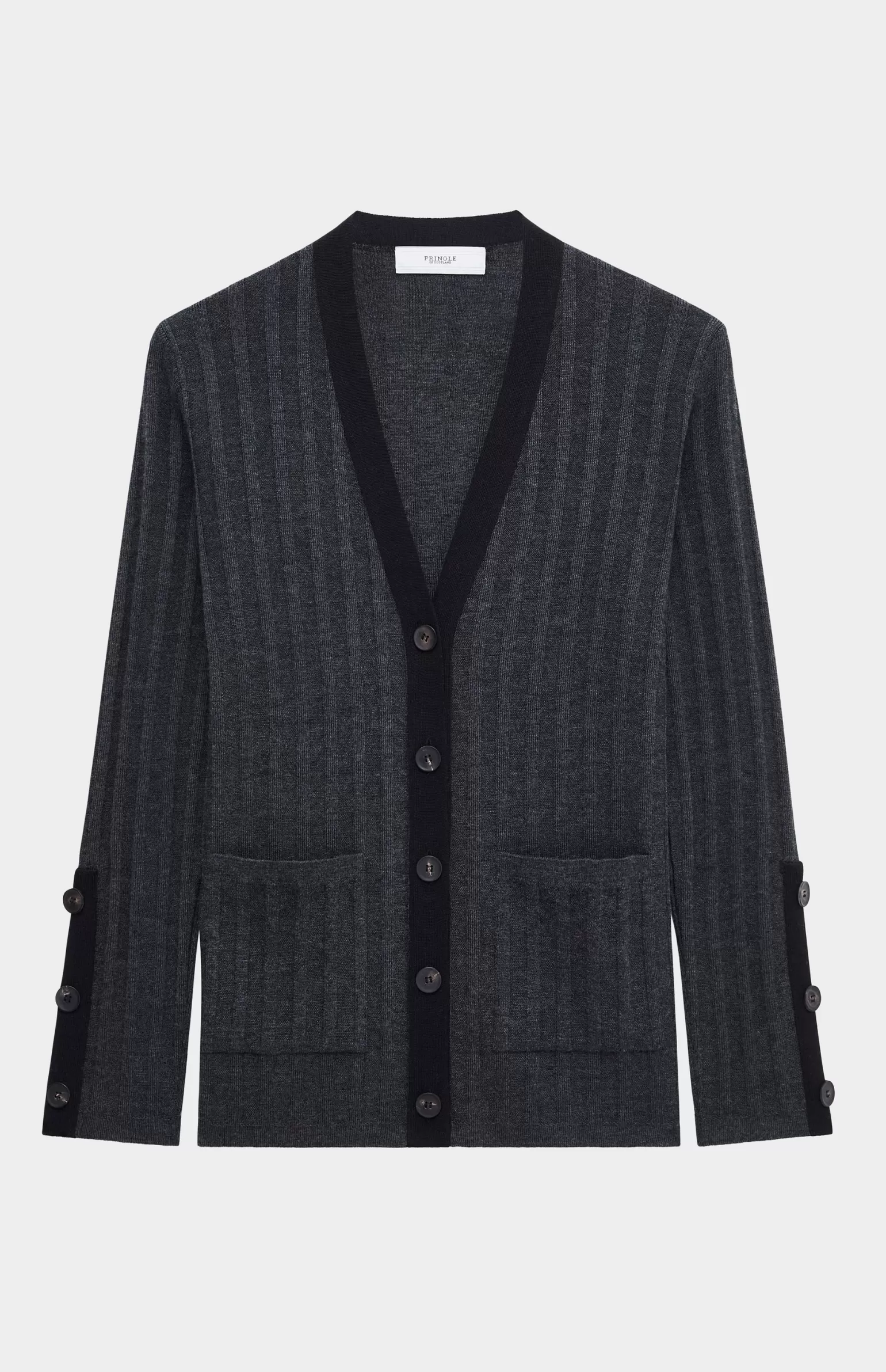 Women Pringle of Scotland Merino Silk Ribbed Cardigan In Charcoal / Black