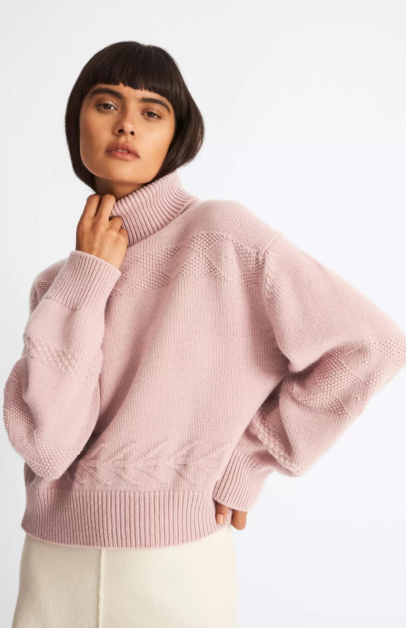 Women Pringle of Scotland Roll Neck Guernsey Cashmere Jumper In Dusty Pink