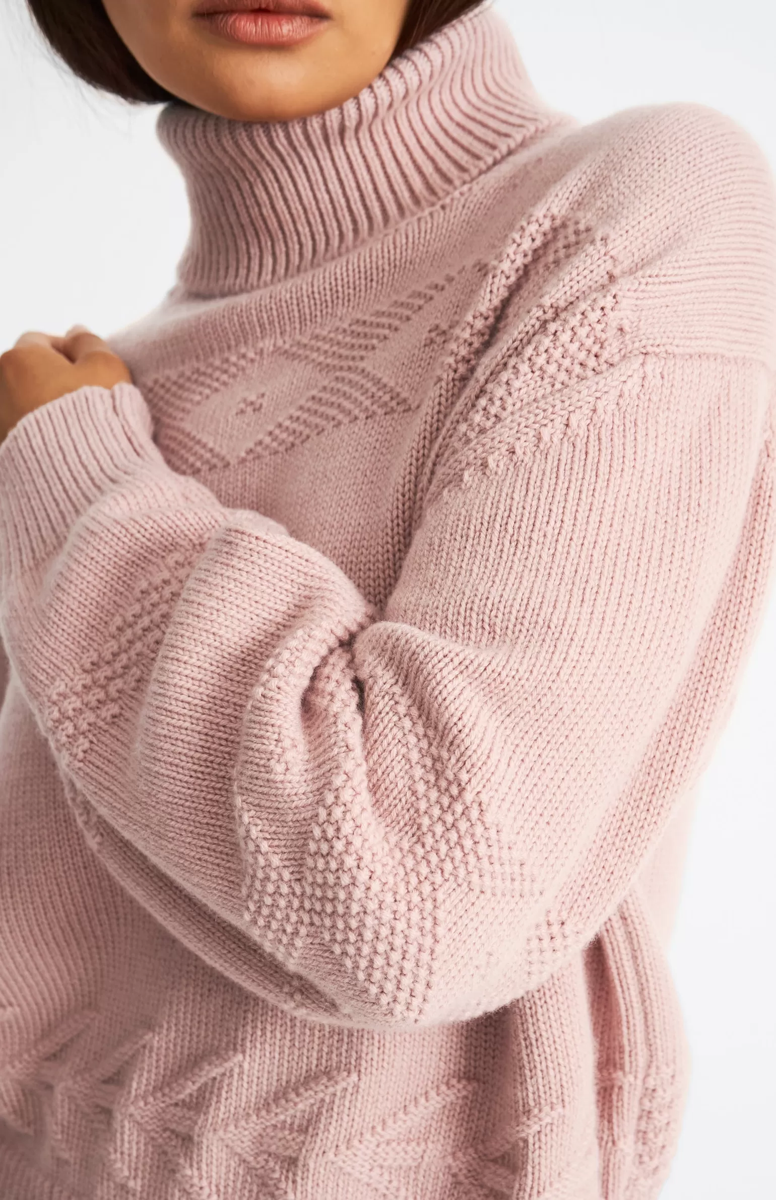 Women Pringle of Scotland Roll Neck Guernsey Cashmere Jumper In Dusty Pink