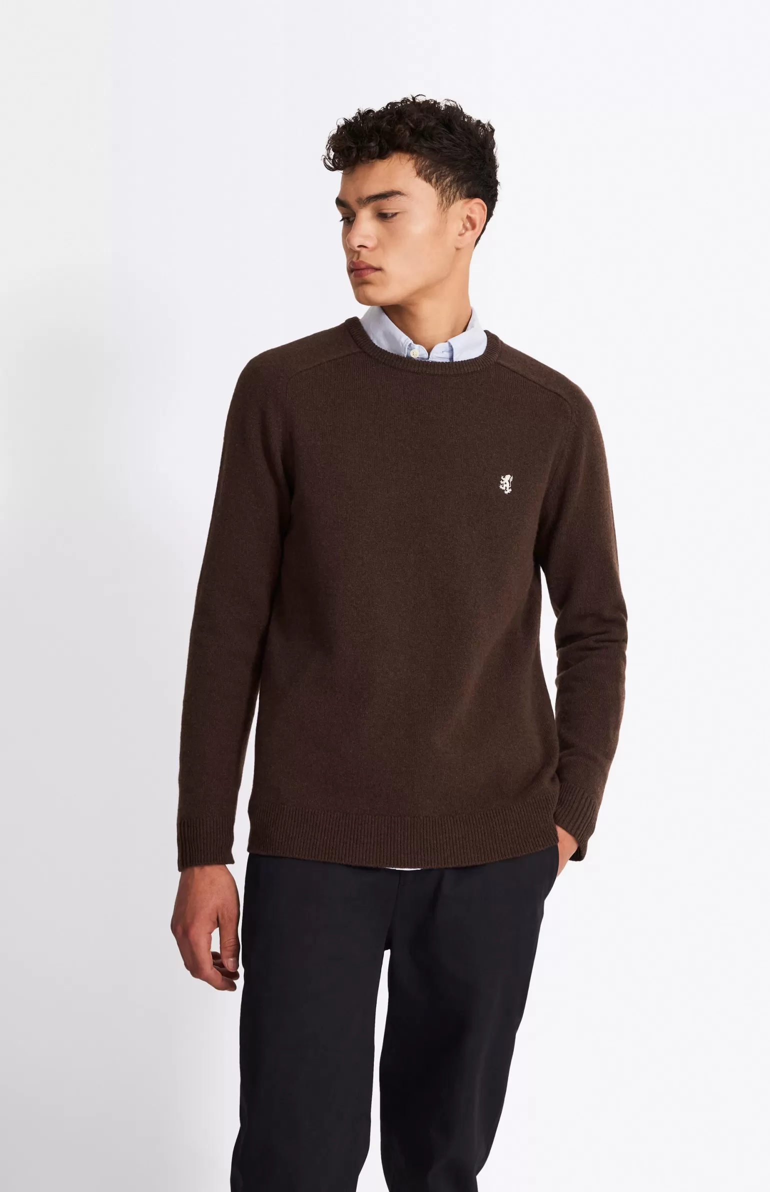 Pringle of Scotland Round Neck Lambswool Contrast Jumper In Dark Umber