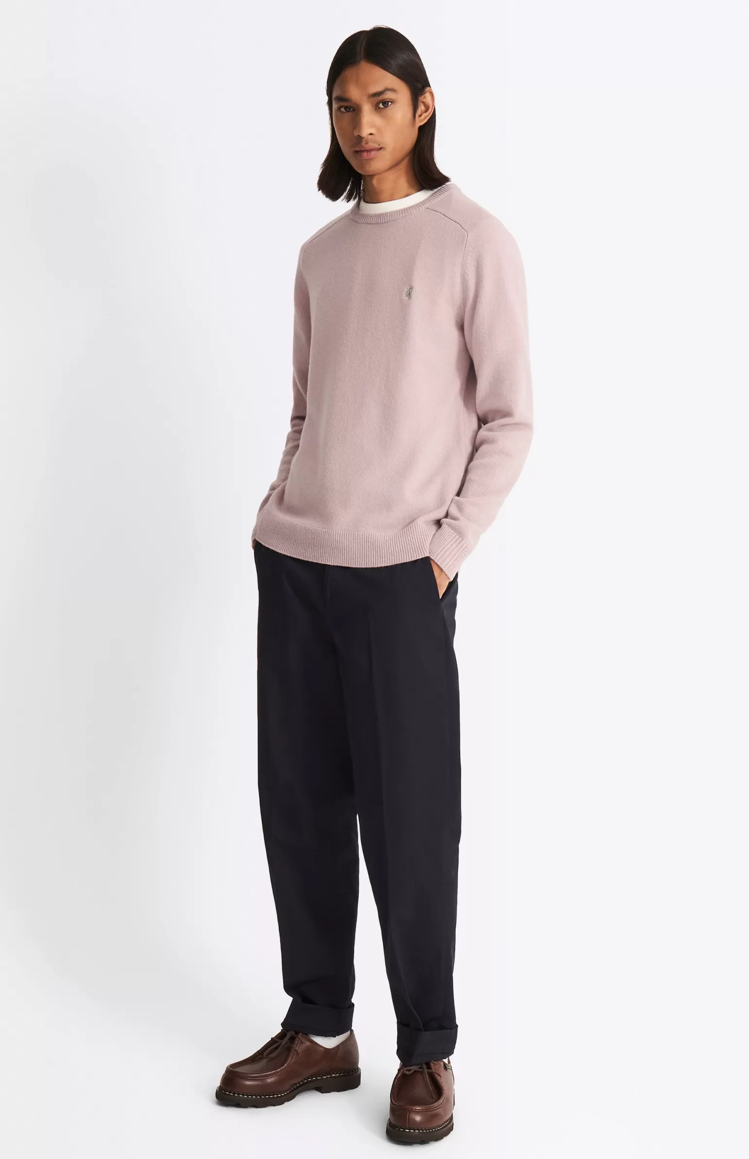 Pringle of Scotland Round Neck Lambswool Contrast Jumper In Dusty Pink