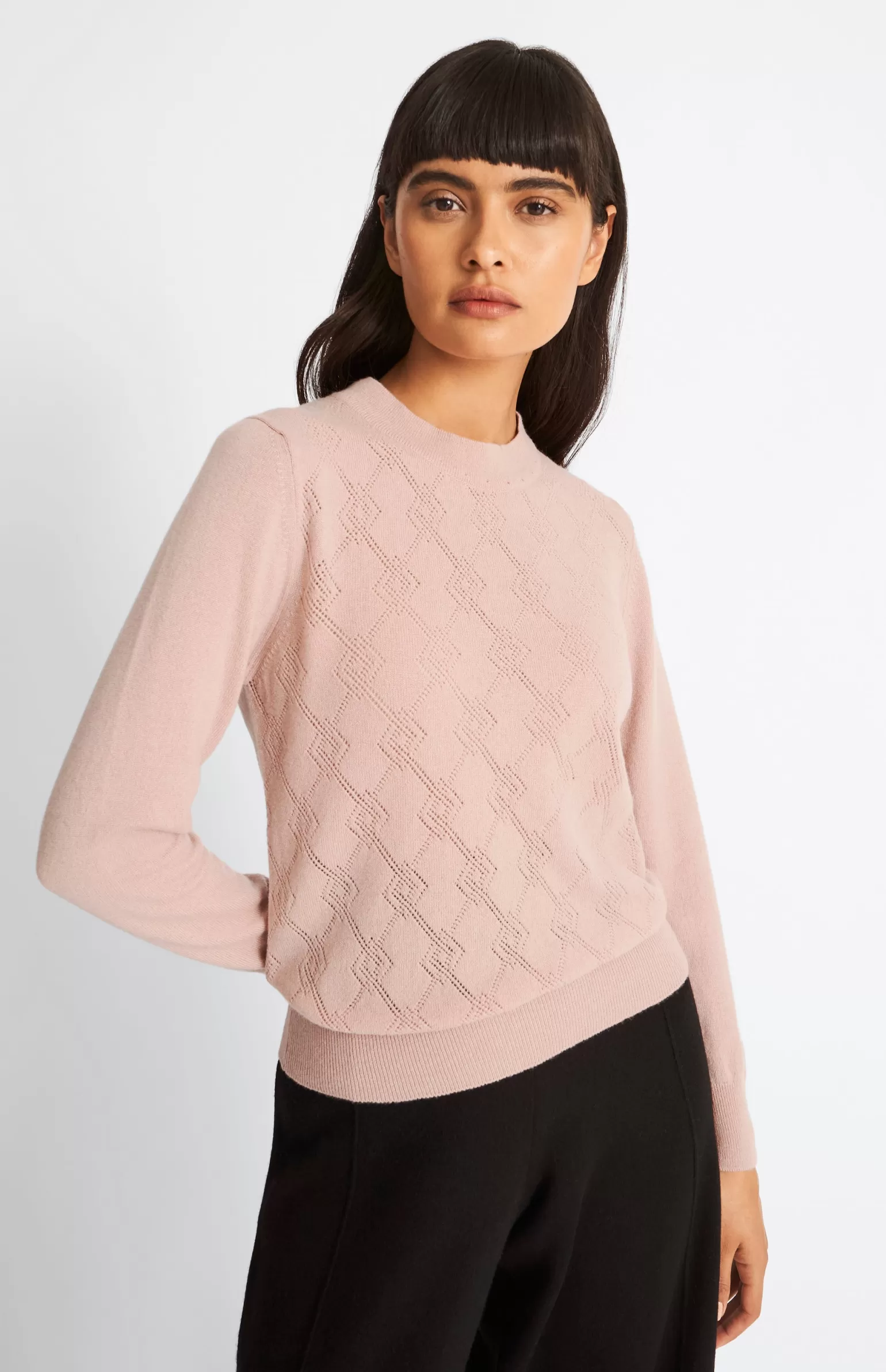 Women Pringle of Scotland Round Neck Pointelle Argyle Cashmere Jumper In Dusty Pink