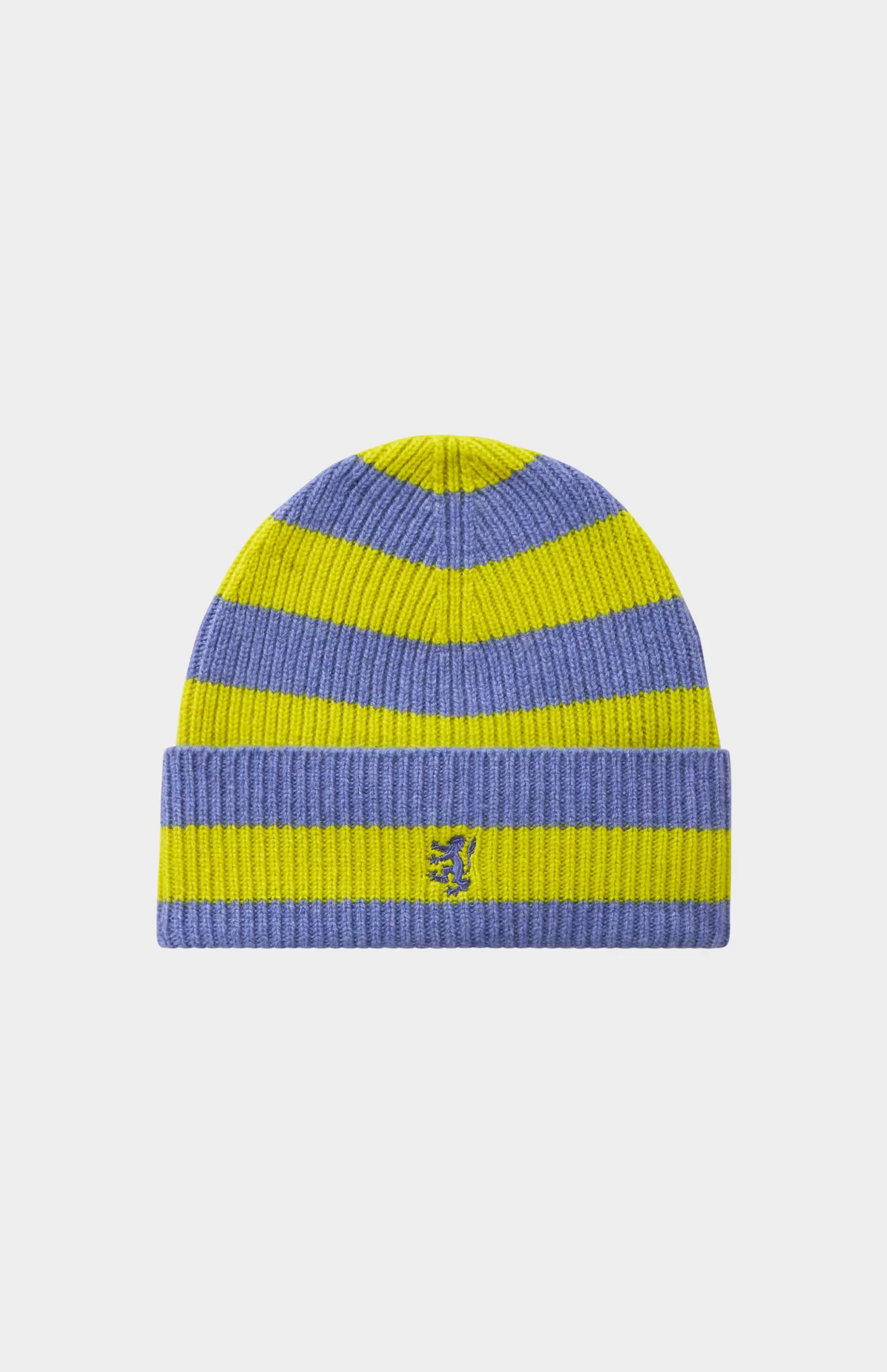 Women Pringle of Scotland Stripped Rib Cashmere Beanie In Blue Melange and Lime