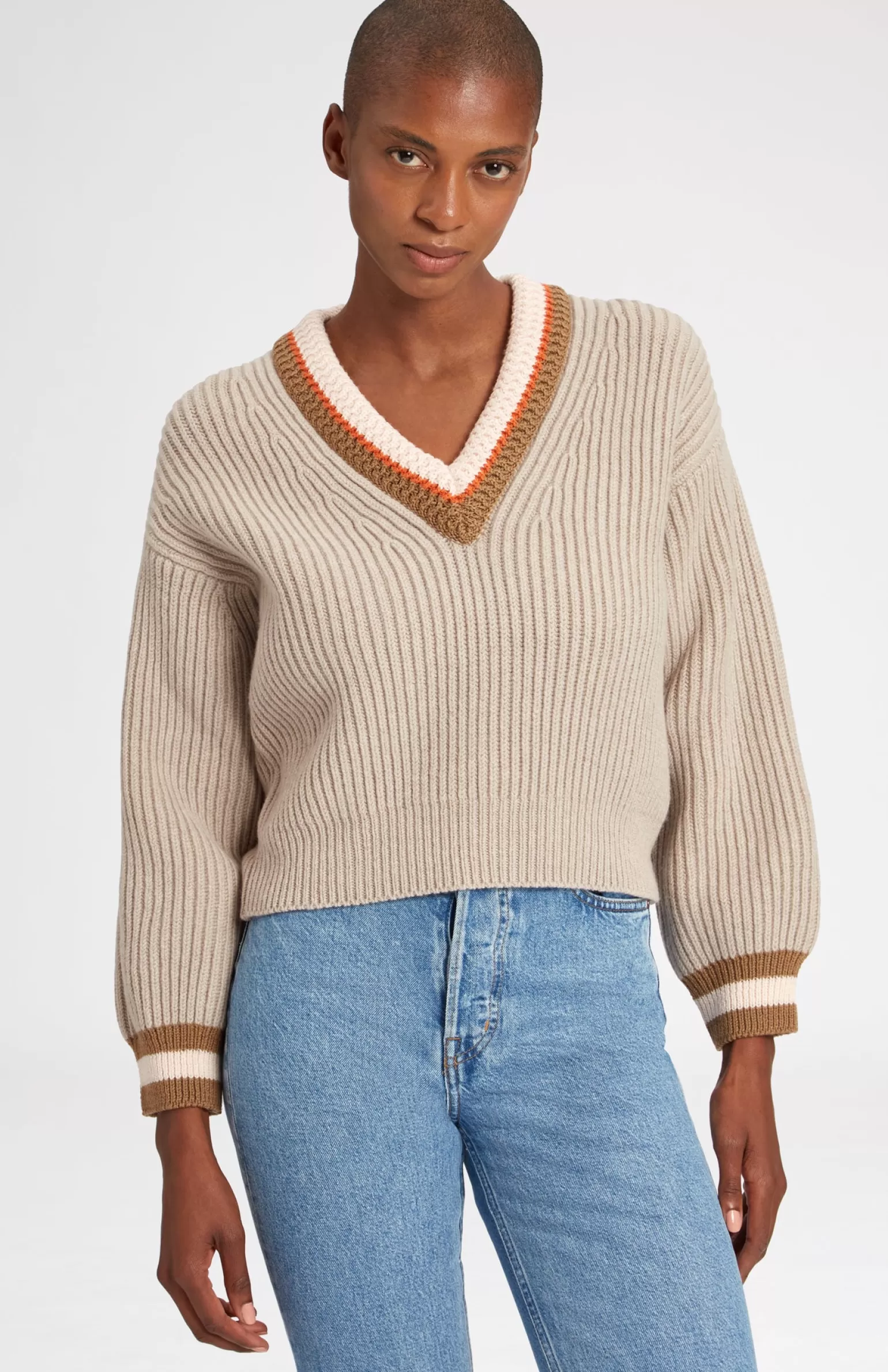 Women Pringle of Scotland V Neck Chunky Rib Jumper In Stone Melange