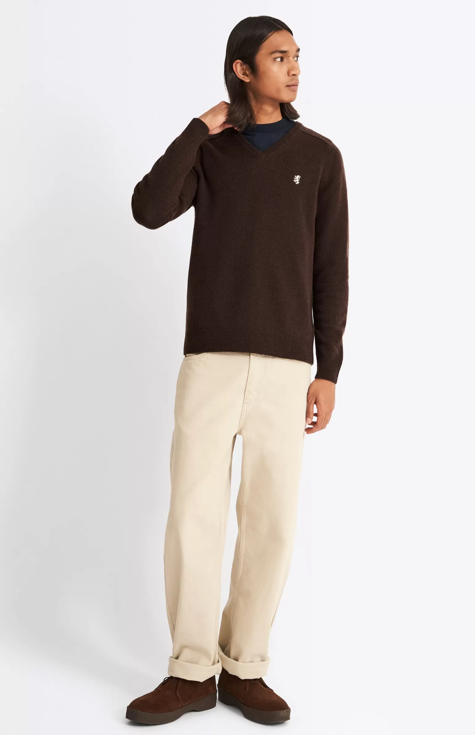 Pringle of Scotland V Neck Lambswool Jumper In Dark Umber With Contrast Tipping