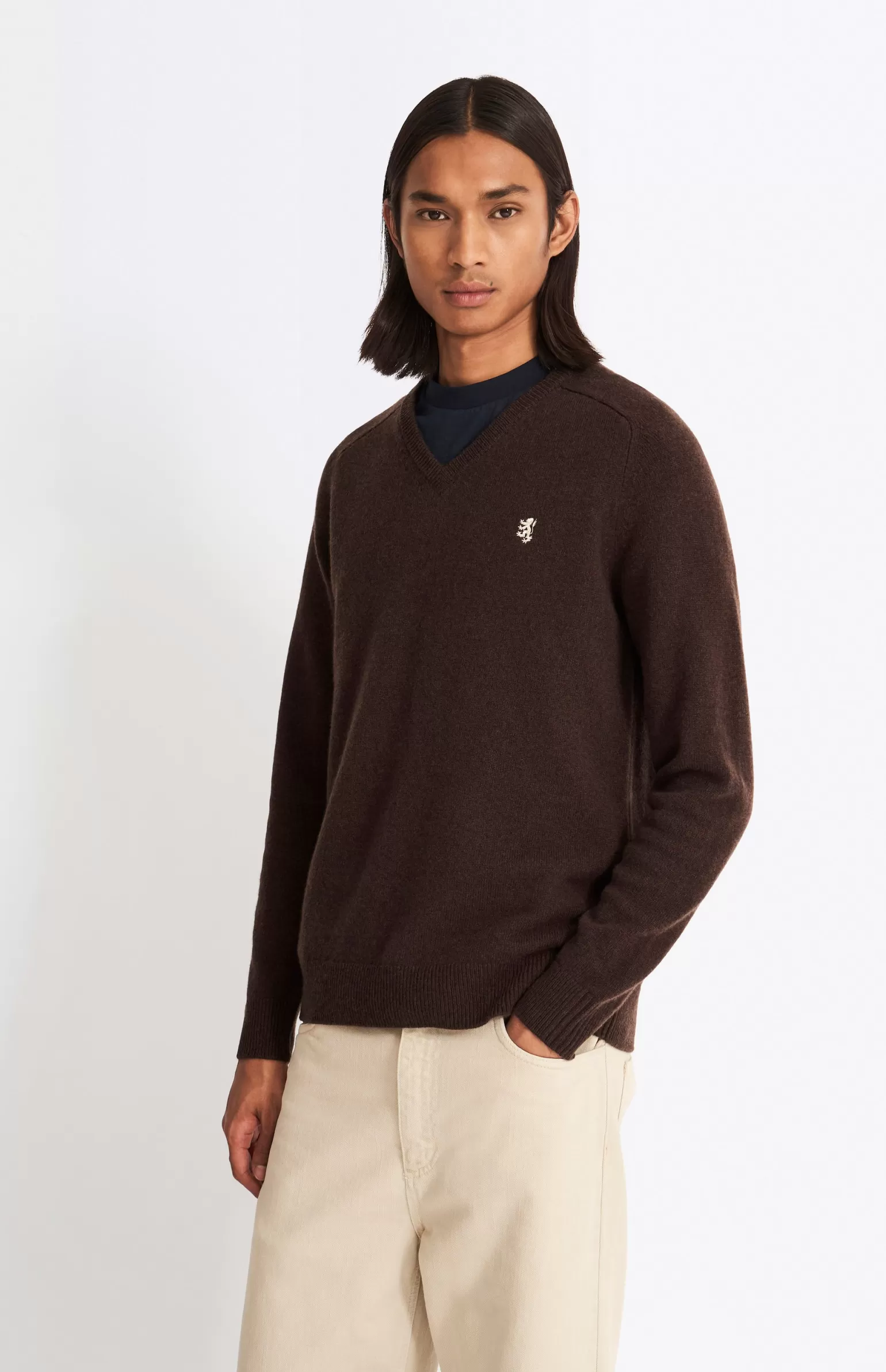 Pringle of Scotland V Neck Lambswool Jumper In Dark Umber With Contrast Tipping